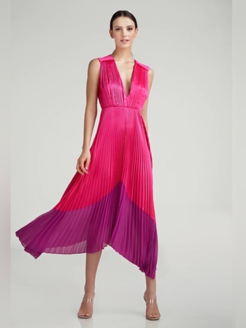 AMUR Amelia dress Pleated Two-Tone Pink & Purple V-Neck Midi Dress
